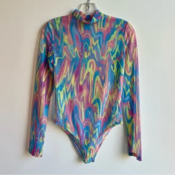 Pink blue yellow swirl all over print long sleeve mock neck bodysuit top - Picture 2 of 5